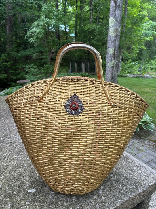 Koret Handbags - Vintage Koret Gold Woven Bucket Tote Bag with Decorative Medallion